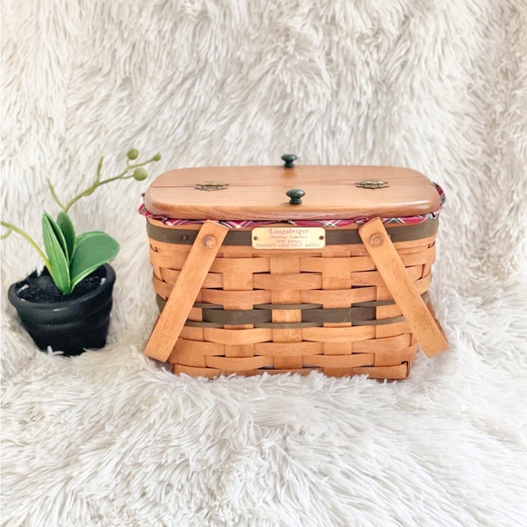 Vtg Longaberger Seasons Greetings Basket w/Liner Protector 1992 Christmas green - Picture 2 of 16
